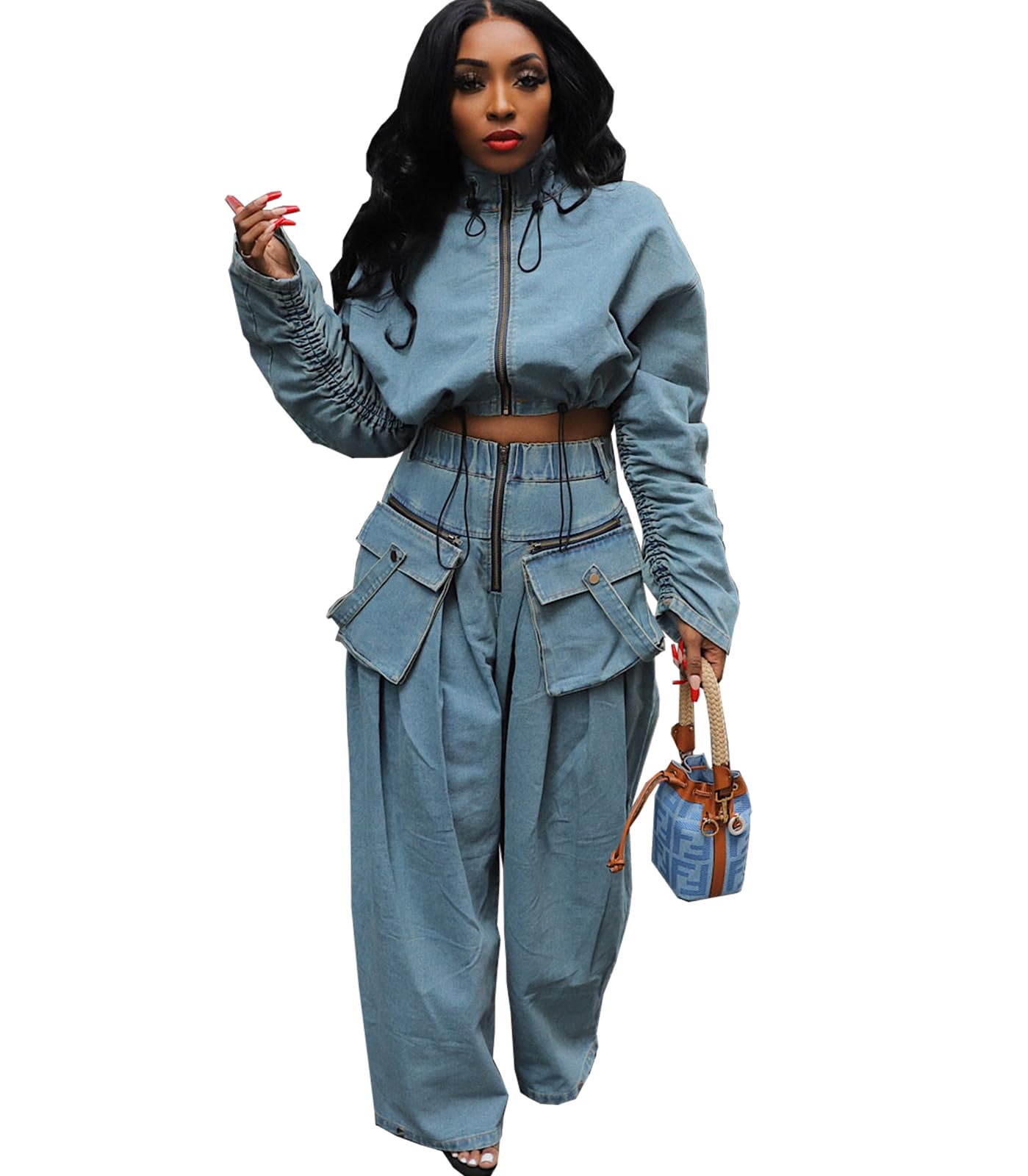 AngsuttcWomens Two Piece Sets Denim Outfit Ruched Long Sleeve Zip Up Cropped Jean Jacket Wide Leg Pants Chic Set