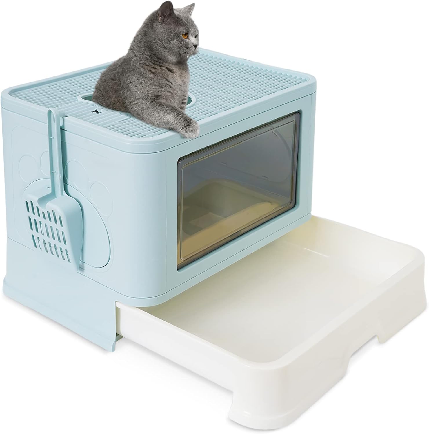 Bandeja de Arena para Gatos con Cepillo de Pelo, cajón, Caja de Arena para Gatos, fácil de Limpiar y Gran Capacidad (Azul)