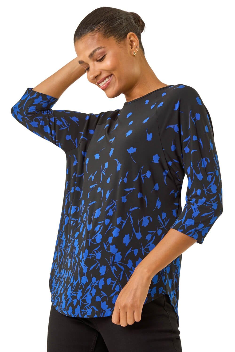 Roman Women's Royal Blue Border Print Curved Stretch Top Size 16