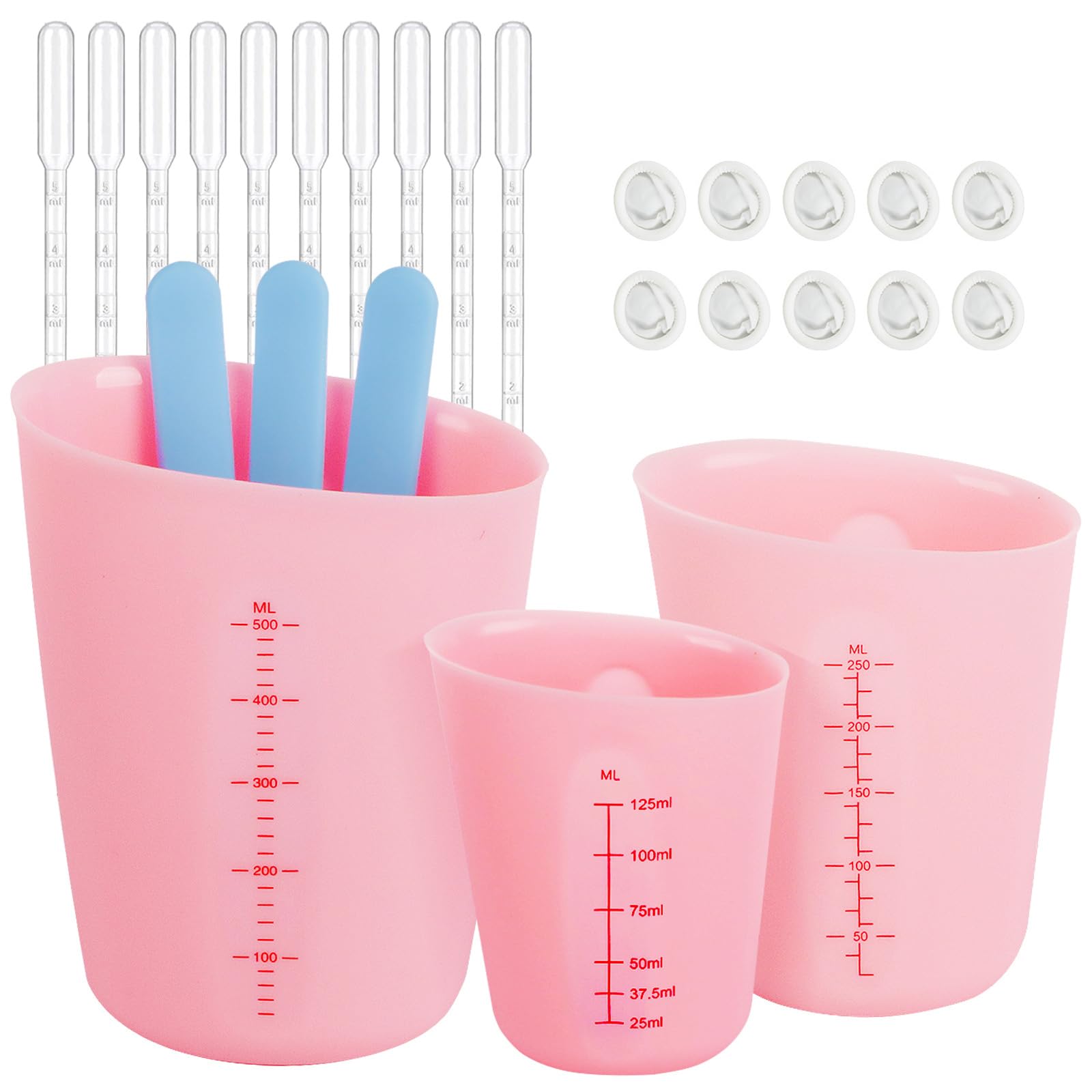 MirraSwit 3 Stück Silikon Messbecher für Raysin, Gips Gießen Zubehör, Silikonbecher zum Gießen, mit Mischstab, Tropfer, Fingerbetten für DIY Basteln Gießformen(125ML/250ML/500ML)