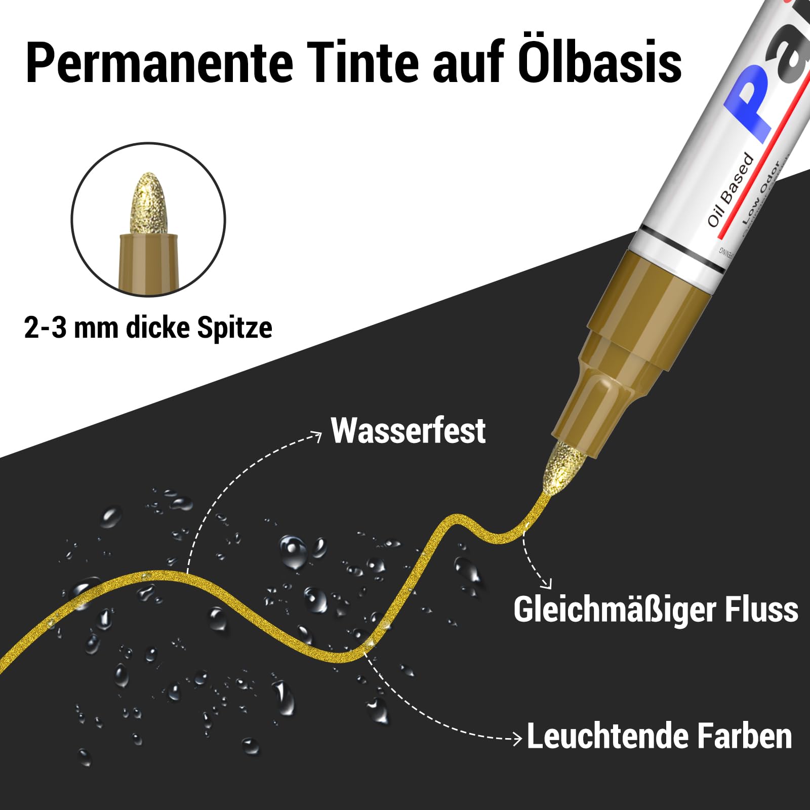ANYUKE 4 Permanent Marker Wasserfest Stift: 2-3 mm Trocknen Schnell Lackstift Glasmalstifte,Farben der Wasserfester Stift Umfassen:Schwarz,Weiß,Gold,Silber,für Stein,Glas,Holz,Reifen,Metall,Papier usw