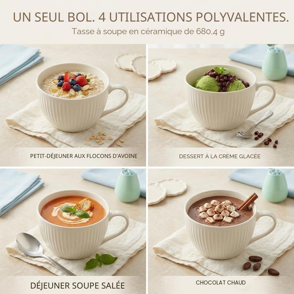 Tasse à soupe en céramique avec couvercle, 1 grand bol à bouillie et à céréales, passe au micro-ondes avec poignées pour ramen, porridge, préparation des repas, petit déjeuner, cadeau idéal pour