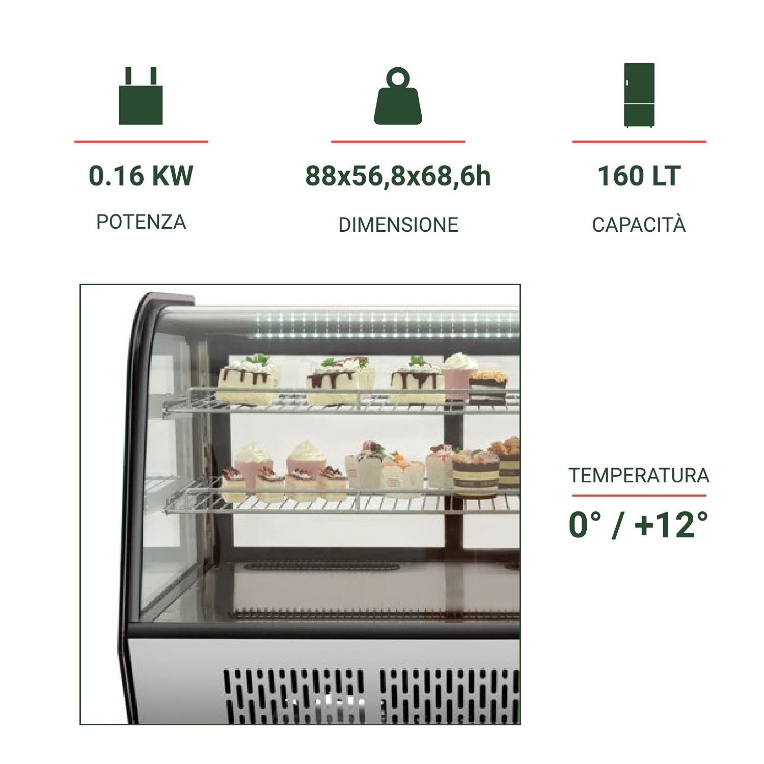 RISTOATTREZZATURE - Vetrina refrigerata da banco 88x56,8x68,6h cm vetro curvo 4 lati in vetro nera 160 lt 0 +12 °C