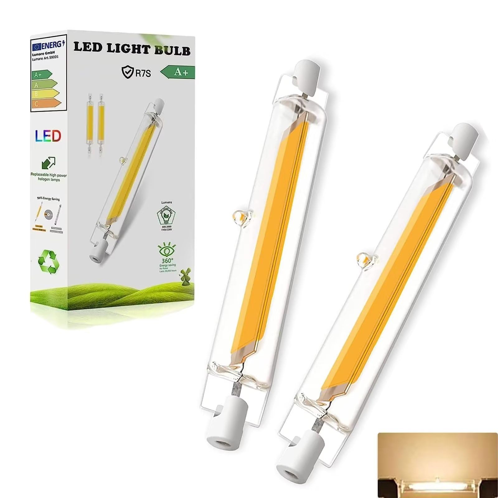 Dvnoua R7S LED Bulbs 78MM Dimmable, 10W J78 Type Double Ended Reflector Tubular COB Filament Lamp Warm White 3000K 100W R7S 78mm Halogen Replacement for Floodlight Floor Lamps Wall Sconce, 2 Pack