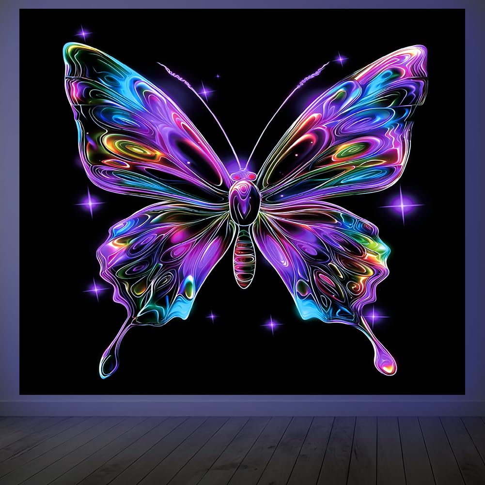 CRAFTYMELODY Neon Butterfly Blacklight Tapestry Vibrant Insect Glow in the Dark Tapestry UV Reactive Trippy Wall Hanging 59×51 Inch with Hook Self Adhesive Sticker Clip for Home Wall Decor