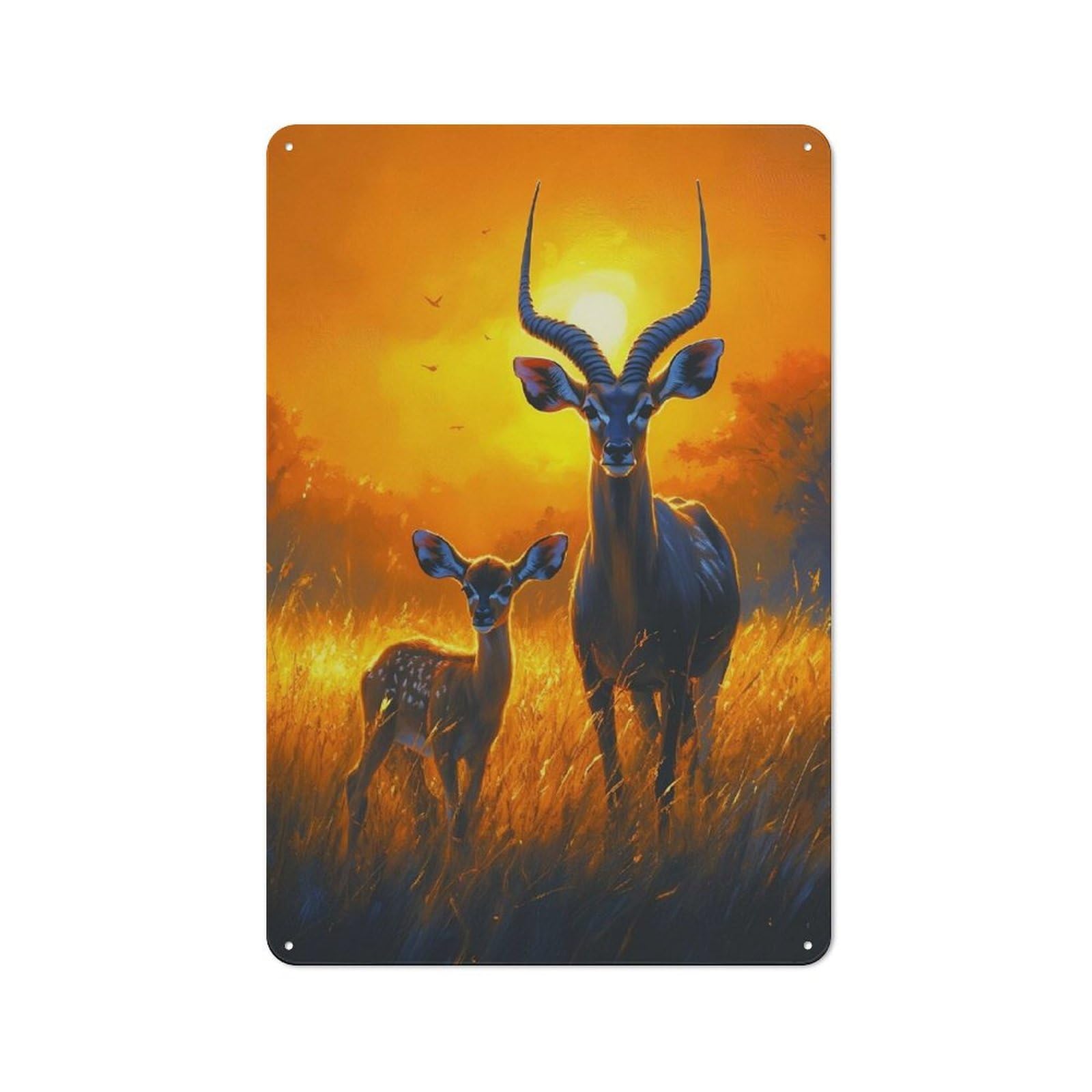 Junmoney Style-2 Antelope Family At Sunset Decorative Tin Sign 30X20cm, Country Country Wall Plaque For Dining Room, Cafe, Entryway Or Family Room