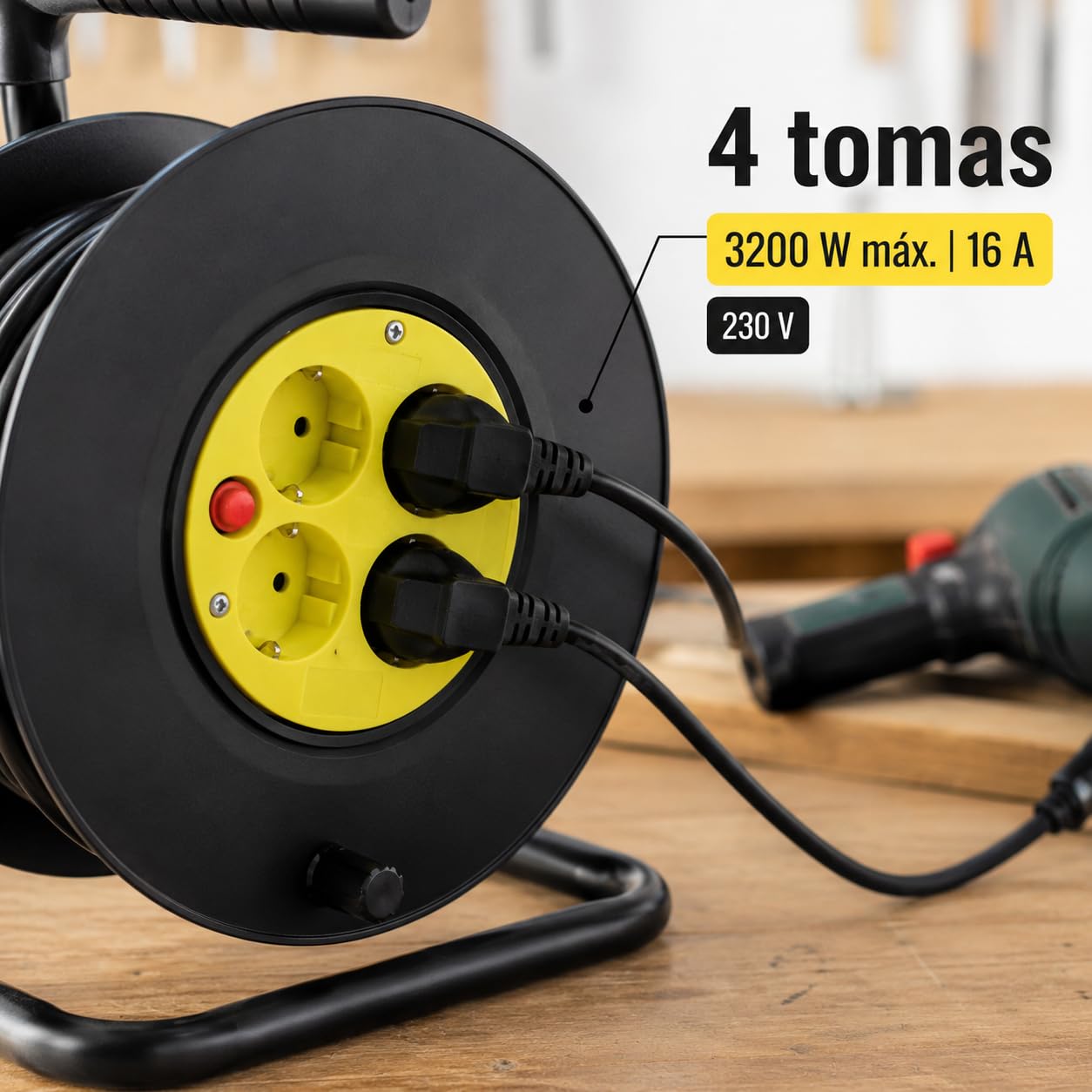 M mimotec - Kabeltrommel für den Außenbereich, 25 m, 4 Steckdosen, 3200 W, 16 A | Kabel H05VV-F 3G1,5 mm² | Kinderschutz | Verlängerungskabel für Garten, Garage und Werkstatt