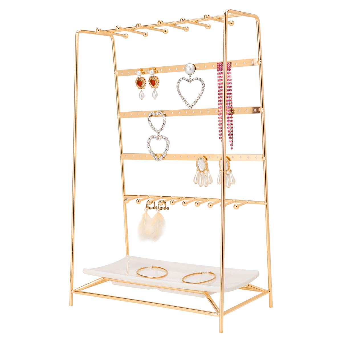 MORIGEMJewelry Organizer, 5 Tier Jewelry Stand, Decorative Jewelry Holder Display with White Tray for Necklaces, Bracelets, Earrings & Rings, Vintage Gold