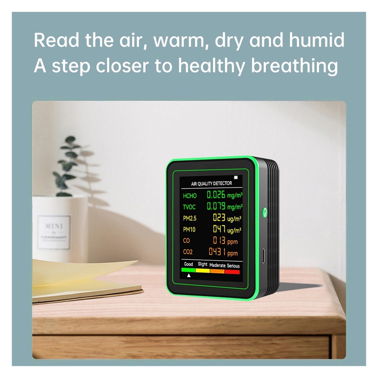 Air Quality Monitor, Multifunzionale 6 In 1 Monitor A Qualità 'aria Misuratore Di CO2 Tester Digitale Umidità A Temperatura Rilevatore Anidride Carbonica TVOC HCHO(Black)