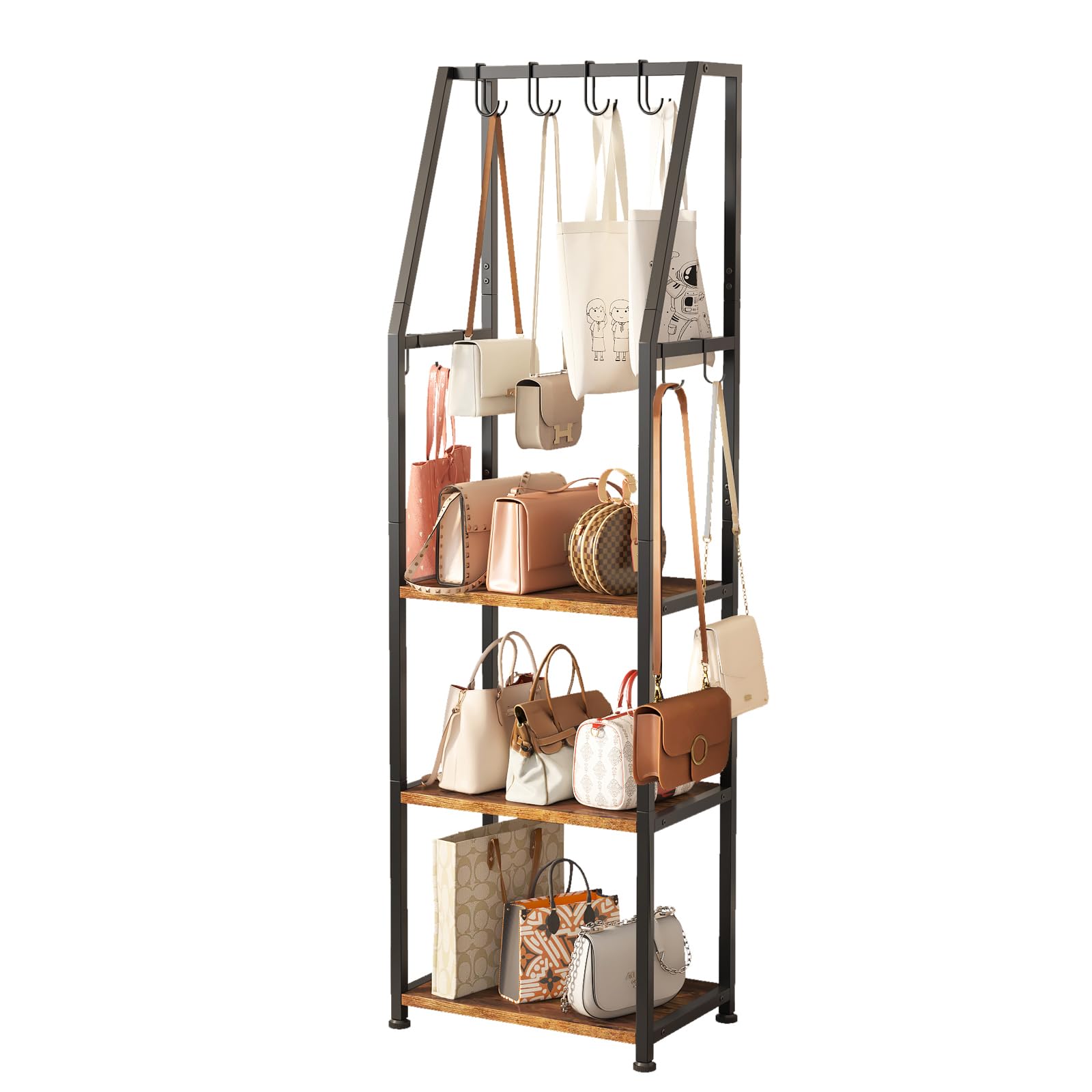 Soporte de 3 niveles para bolsos con 8 ganchos, soporte alto y estrecho para organización de entrada/armario, organizador de almacenamiento multiusos para lugares pequeños, organizador de bolsas para