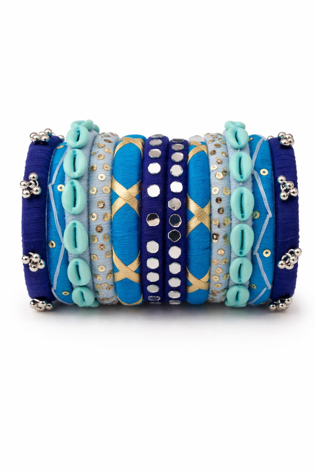 Artdori Creation Handmade Cotton Thread Bangles Set for Women | Blue Designer Cotton Thread Bangles with Shell, Mirror & Golden Thread Work | Ethnic Bangles for Wedding, Teej, Raksha Bandhan, Navratri (Set of 12) size 2.6-picture-43