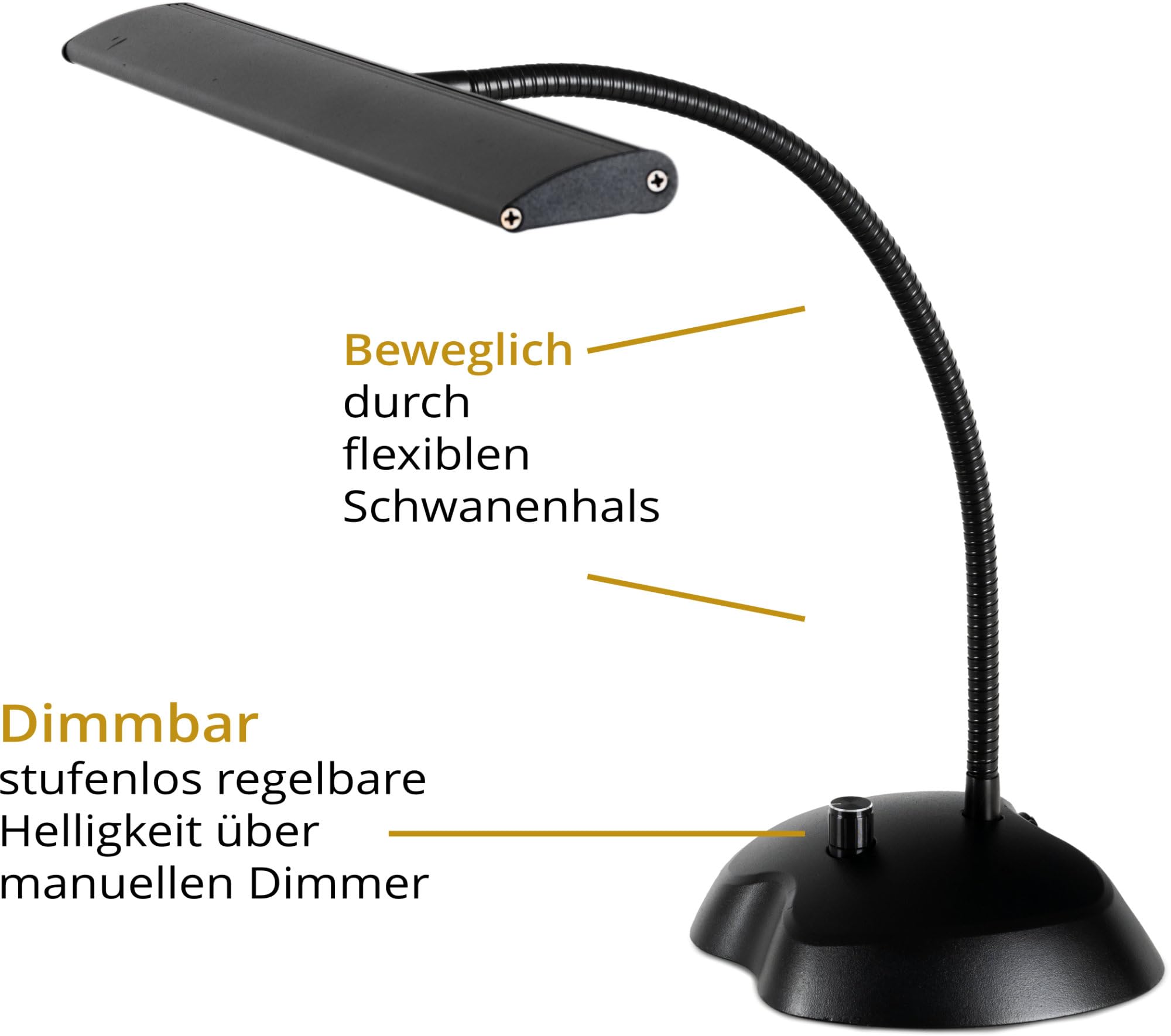 Classic Cantabile 12220 Lampada da Pianoforte Dimmerabile Bianca - 36 LED luminose - Collo d'oca lungo 38 cm - Porta di ricarica USB integrato per smartphone o tablet - Nero