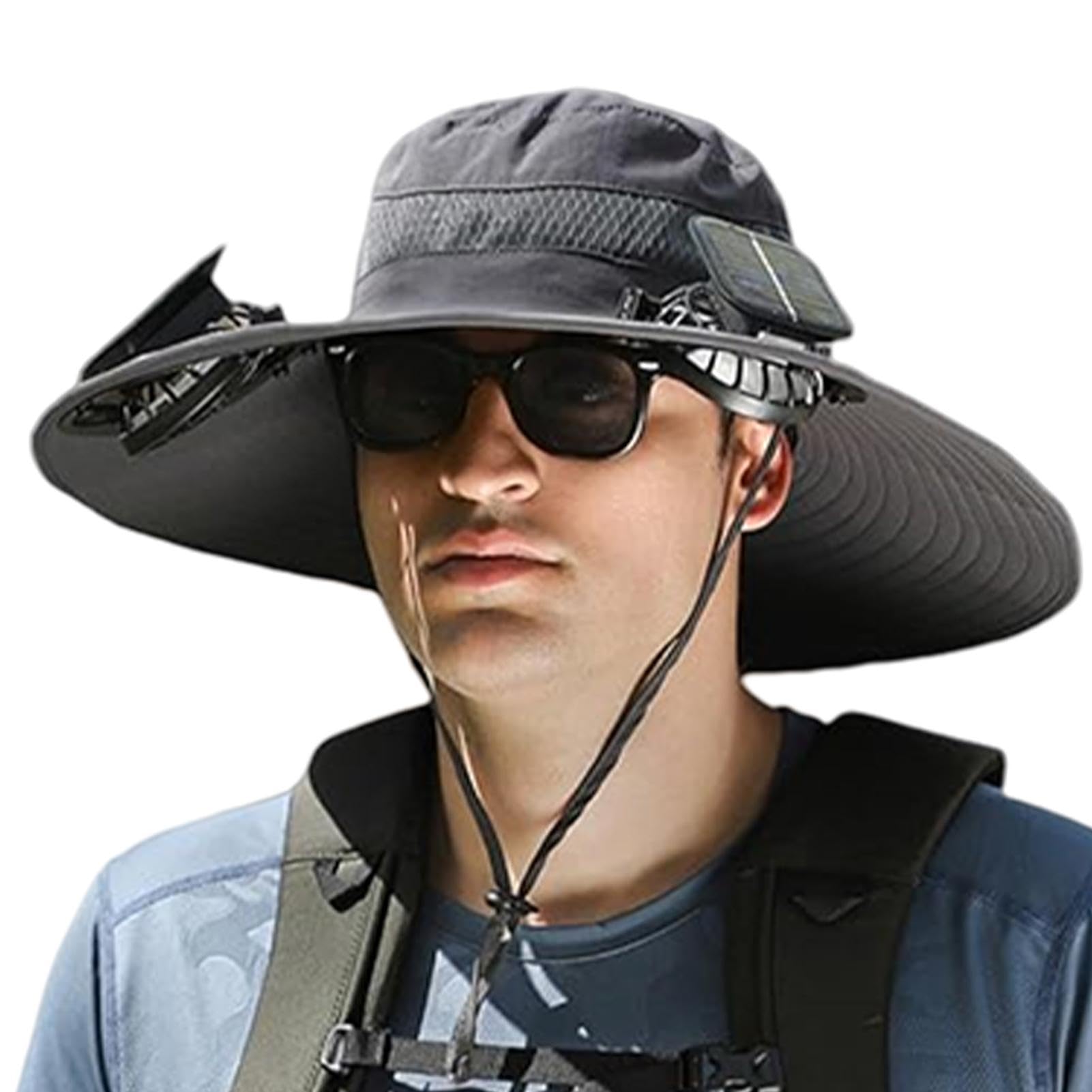 Hut mit eingebautem Ventilator, solarbetriebener Ventilatorhut - Sonnenhut mit breiter Krempe, 3 einstellbare Windgeschwindigkeiten,Solarkühlhut, atmungsaktiver Fischerhut, USB-Solaraufladung für Männ