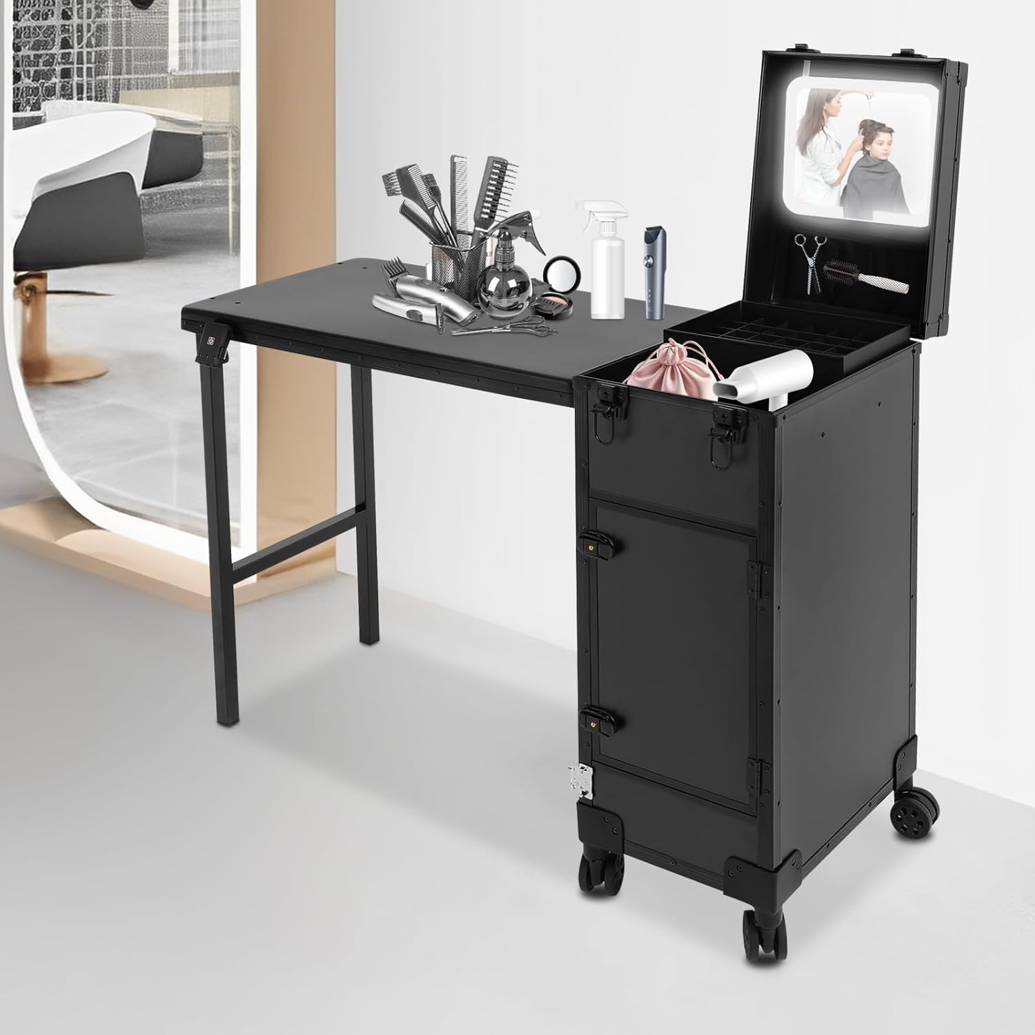 Rolling Portable Manicure Table with 3 Drawers, Lockable Makeup Case with Foldable Nail Desk, Wheels & LED Mirror Portable Nail Art Station for Makeup Artists, 110lbs Load Capacity