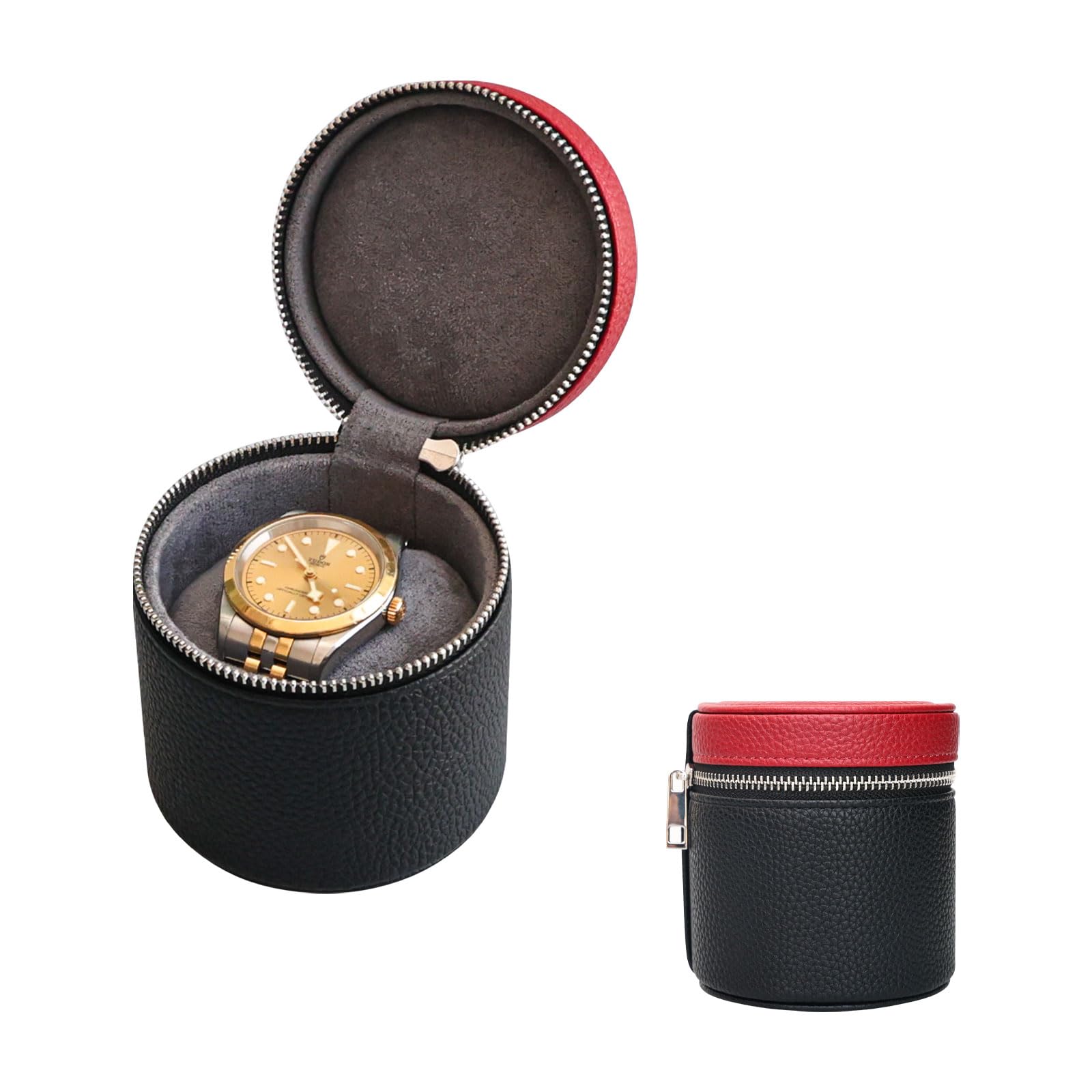 Uhrenreisetasche, einzelne PU-Leder-Uhrenrolle für Herren | Kratzfestes PU-Leder mit Reißverschluss, Samtfutter und Uhrenkissen, kompakt für Reisen und tägliche Lagerung.Schwarz/Rot)