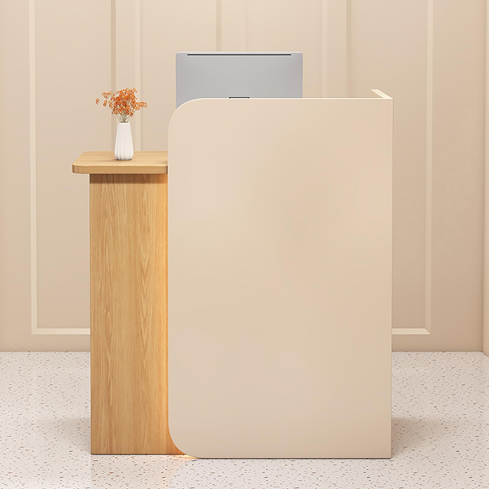Mostrador De Recepción De Madera Natural con Cajones, Ideal para Tiendas, Hoteles Y Salas De Conferencias. Acabado En Beige Y Madera. Medidas: 80 X 45 X 100 Cm.