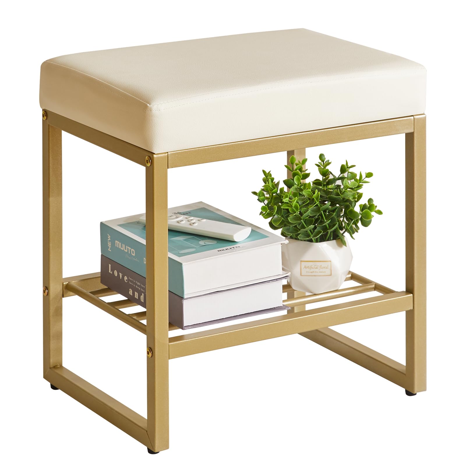 Aibiju Taburete de Tocador Cuadrado, Taburete de Tocador y Espacio de Almacenamiento, Pequeño Banco de Maquillaje para Tocador, Dormitorio, Sala de Estar, Blanco YD-JD150W