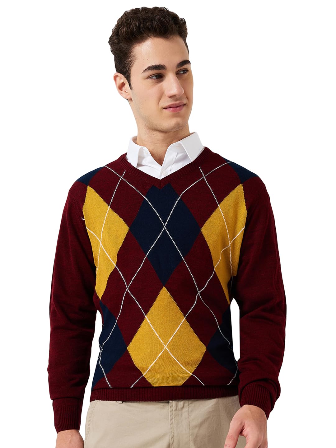 park avenue Men Regular Fit Argyle Pattern Pure Acrylic Full Sleeve V Neck Casual Winter Wear Maroon-picture-13