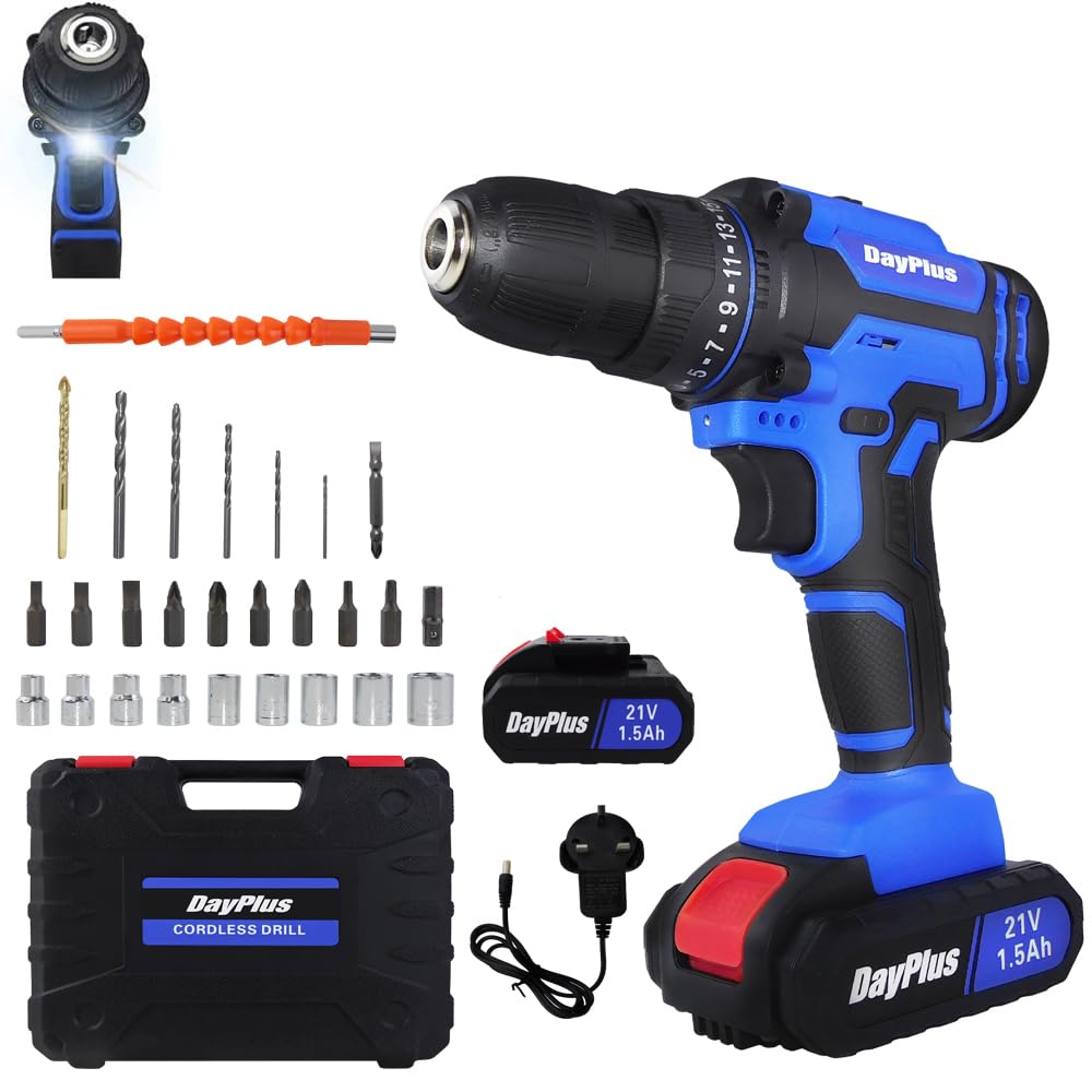 21V Cordless Power Drill, Handheld Screwdriver Drill Set with 25+1 Torque Setting, 1.5AH Li-ion Battery&Fast Charger, 2-Gear Combi Hammer Safety Lock 3/8'' Chuck Driver Kit Carrying Case
