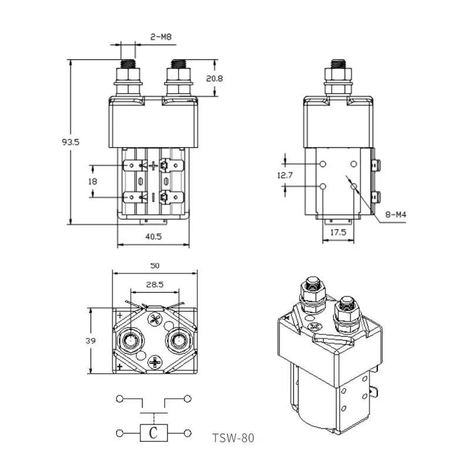 TSW-80 DC Contactor 125A Energy Storage Normally Open 12V24V48V60V72V Battery Car Electric Forklift Train Starting Rela (72V)
