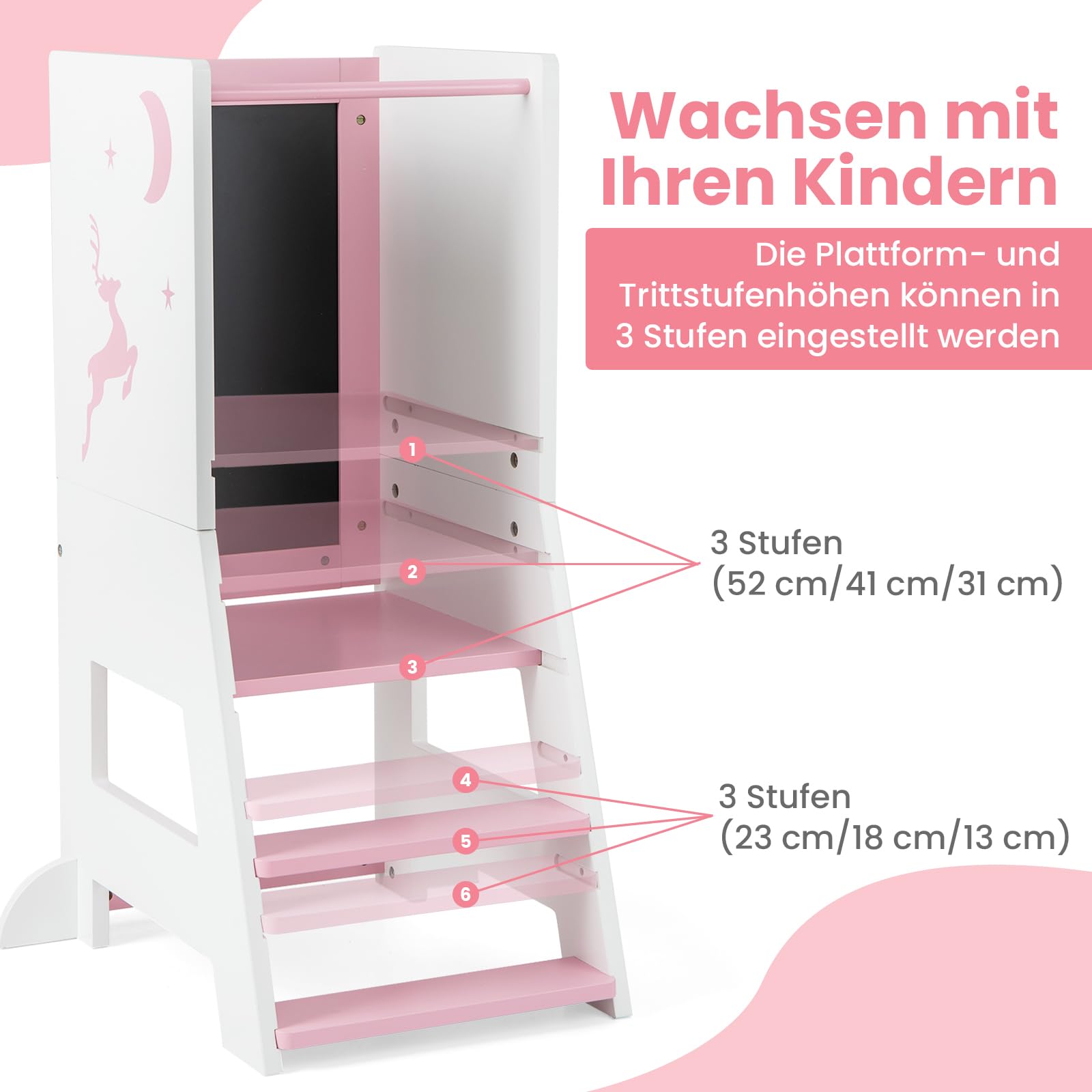 COSTWAY Wieża edukacyjna dla dzieci, 2 w 1, taboret do stąpania montessori z 3 regulowanymi wysokościami i dwustronną tablicą, stołek z 3 bolcami, pomocnik kuchenny dla dzieci od 1 lat, obciążenie 70