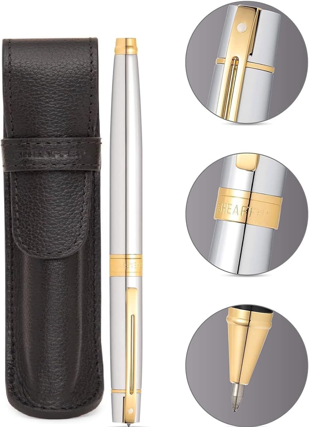 Sheaffer 300 Chrome with Gold Trim Pen and Leather Pouch Gift Set (Fountain(Medium nib))
