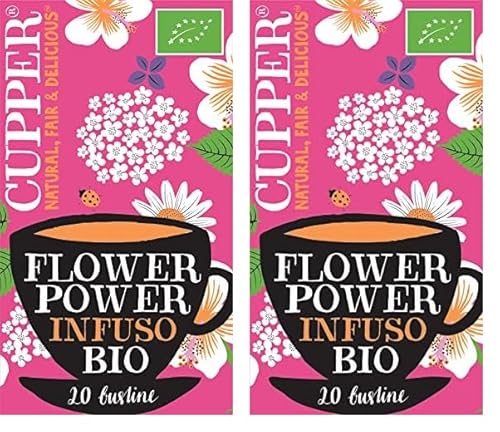 CUPPER Flower Power Infuso Biologico con Fiori di Sambuco, Camomilla e Ibisco, Tisana con Ingredienti Naturali, Gusto Avvolgente, Filtri 100% Biodegradabili, Confezione da 40 Bustine