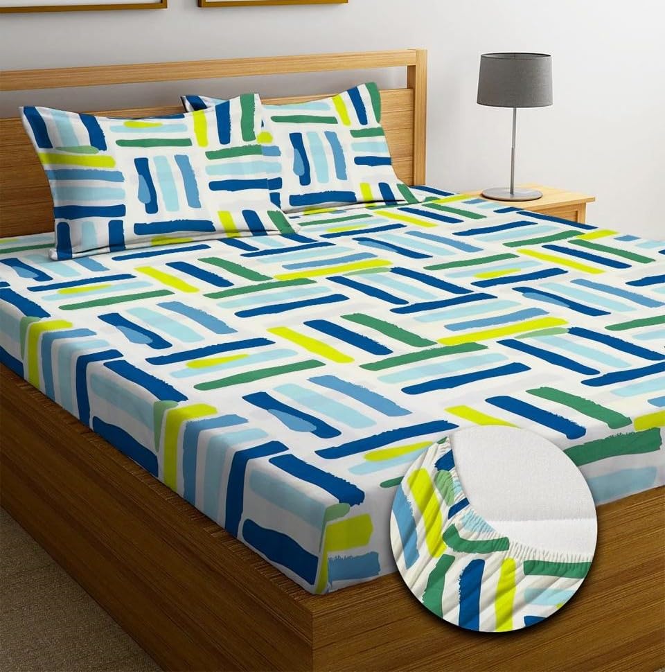 Image of la' amour Premium Cotton Elastic Fitted Bedsheets with 2 King Size Pillow Covers Double Bed with All Around Elastic Supersoft Size - 72 King Sizex78+10 inches Green and White Abstract 200 tc - 220 tc