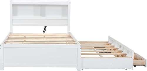 Miniatura 127 de Cama de plataforma de tamaño Queen con cabecero y cajones, marco de cama de plataforma de madera maciza con estantes, puertos USB y enchufes, marco