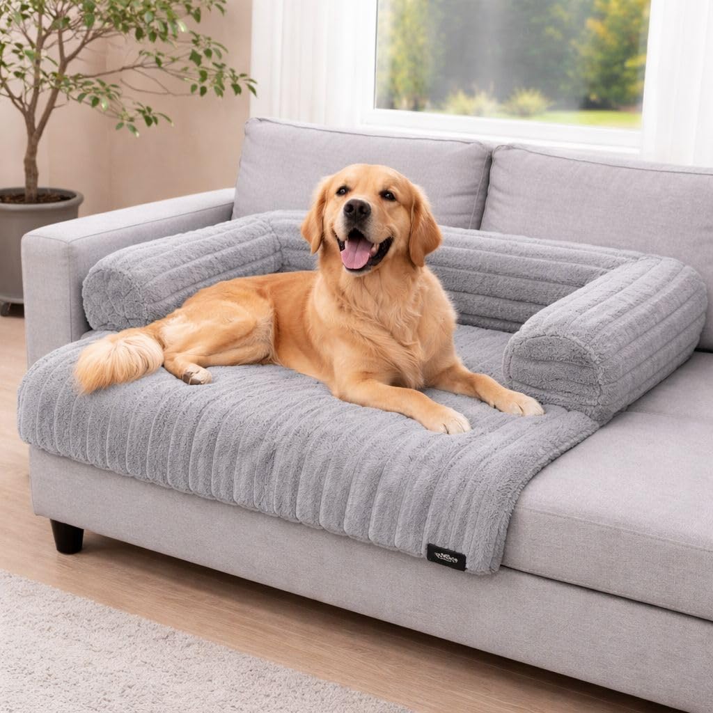 Soodie&Zuzu's Sofa Pet Bed Cord, Waterproof Dog Bed with Raised Sides, Non-Slip Base, Soft Ribbed Plush Pet Cushion for Dogs & Cats - Silver, 90 x 90 x 15 cm