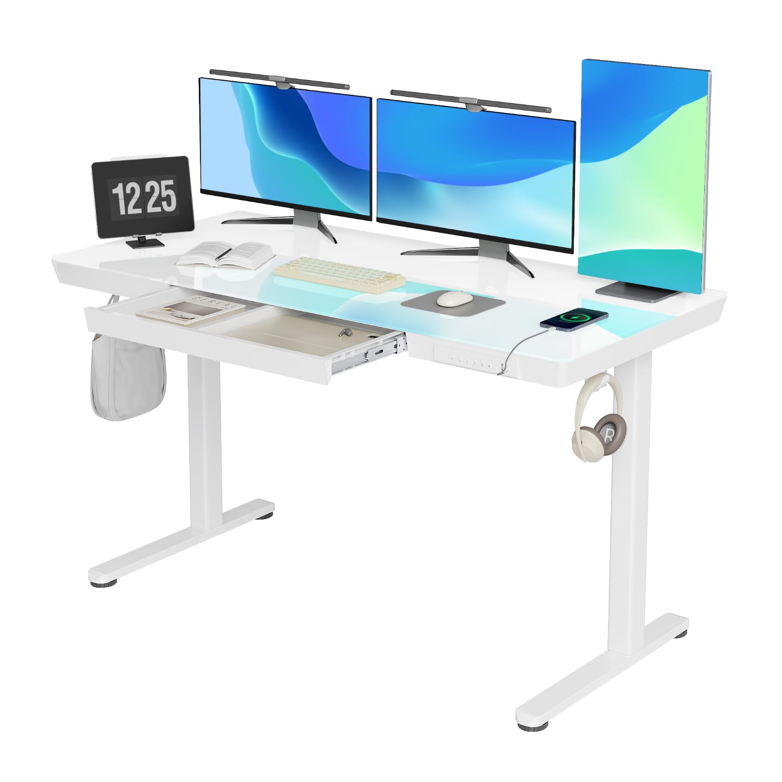 Claiks Glass Standing Desk with Drawers, 55 Inch Adjustable Stand Up Desk, Quick Install Home Office Computer Desk with USB Ports, White