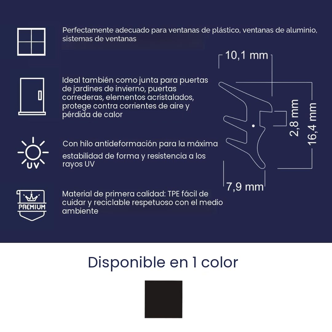 Junta de ventanas para sistemas de ventanas, junta de acristalamiento para exteriores con hilo antiestiramiento para ventanas de plástico y sellado de ventanas de aluminio (negro, 5 m)