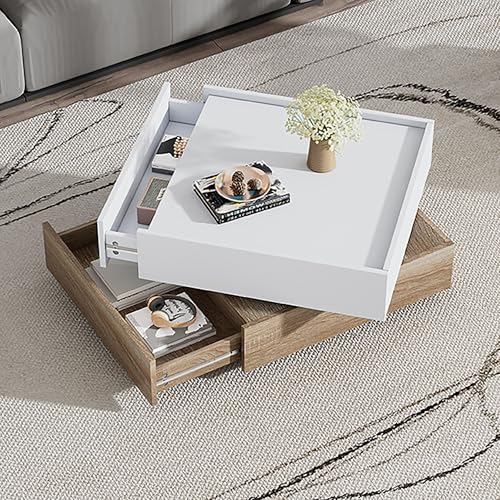 BTM Table Basse Salon Carrée, Plateau Pivotant à 360°, 2 Tiroirs & Cadre en Noyer, Coffee Table Charge 30kg, 60 x60x38cm, Blanc et Bois