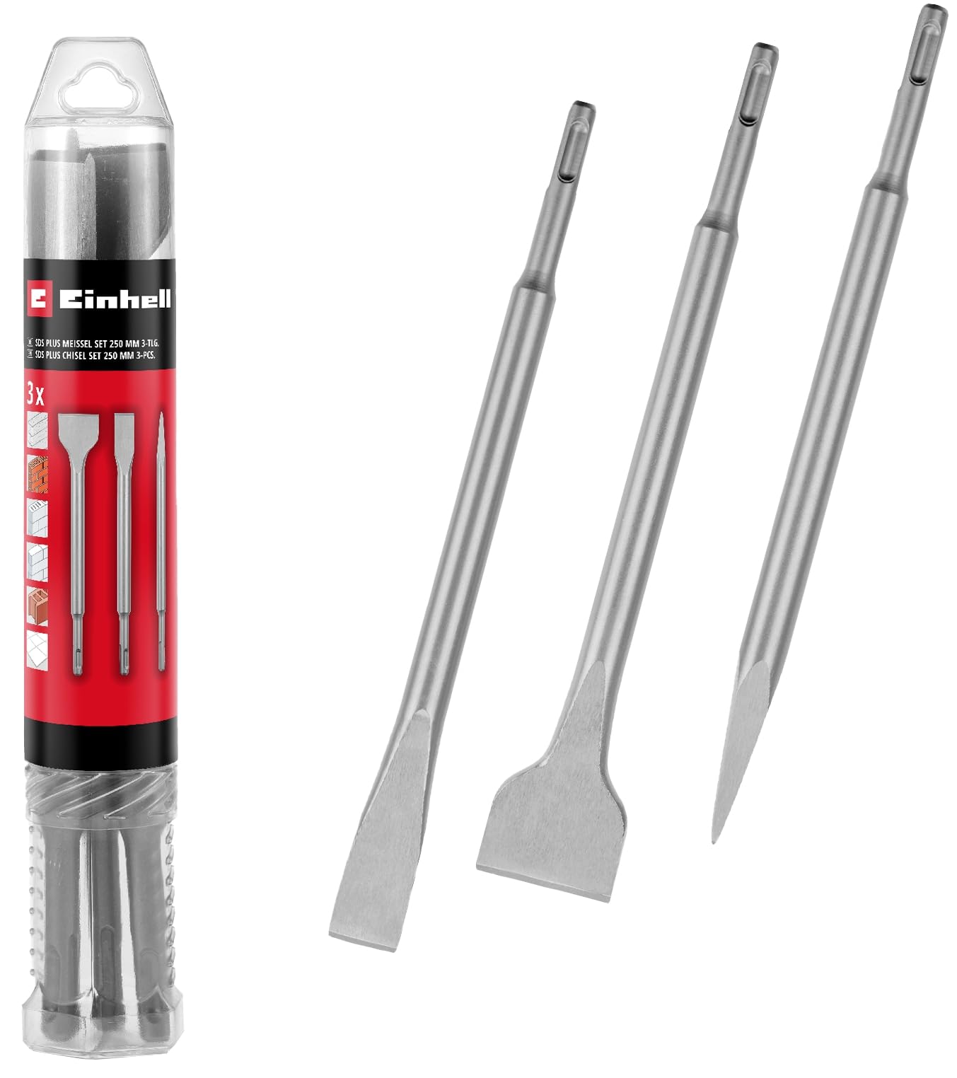 Original Einhell 3-Piece SDS Plus Chisel Set, 250 mm (Pointed, 20 mm Wide Flat, 40 mm Wide Spade Chisels Made of Durable 40Cr Steel for Demolition and Renovation Work)