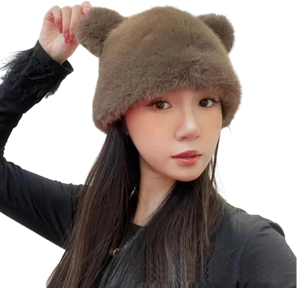 Women Faux Fur Bucket Hat Cute Bear Fisherman Hat Plush Warm Fuzzy Animal Ear Beanie Cap - Image 8