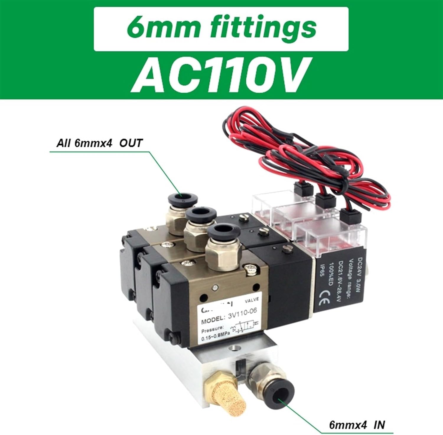 3V110-06-NO Normally Open Solenoid Valve Stations Block With Muffler Fitting Base Manifold DC12v DC24v AC110v AC220v 3 Port 1Pcs(AC110V 6mm fittings,6 Stations)