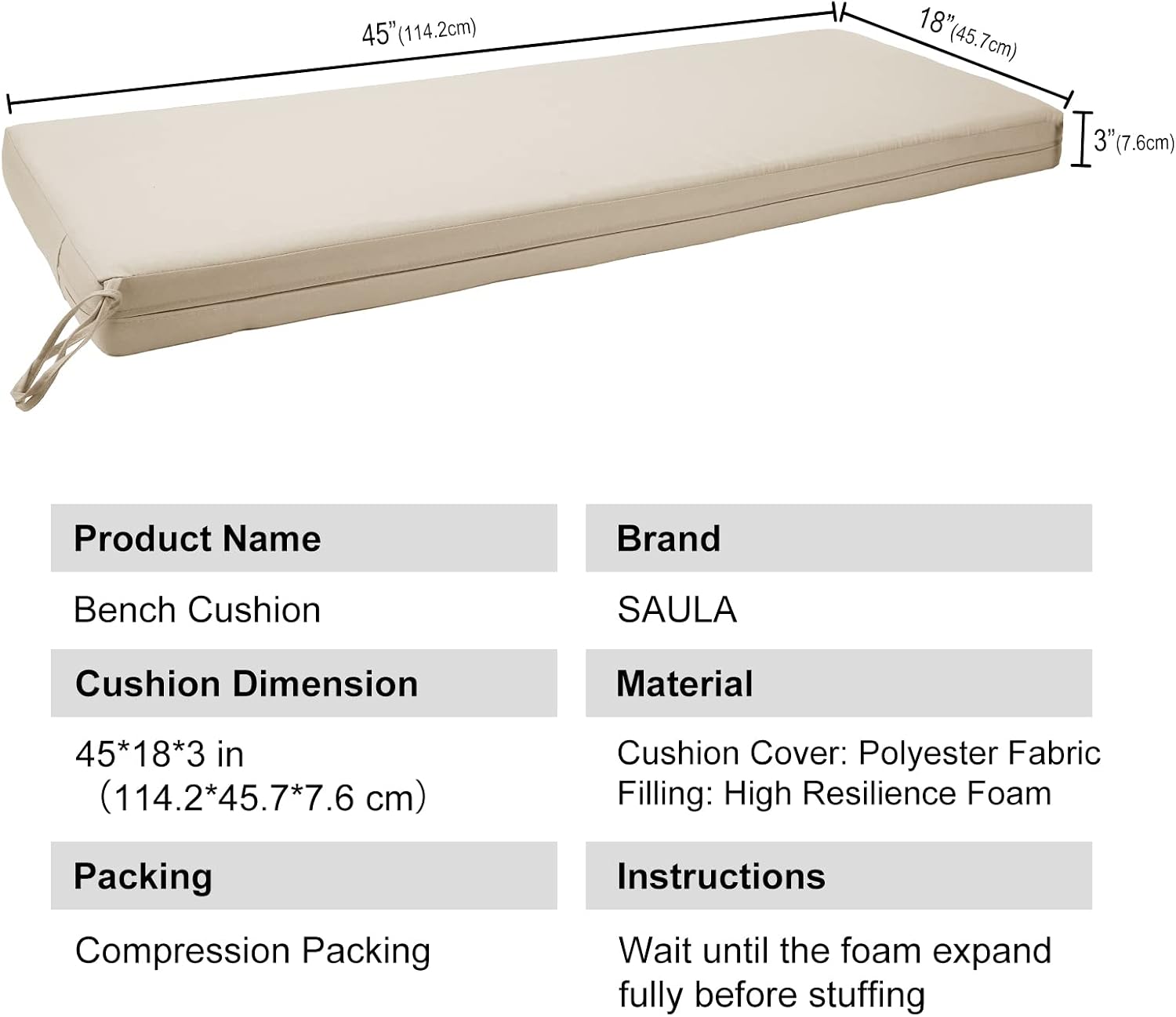 SAULA Outdoor Seat Bench Cushion for Patio Furniture with Ties Indoor Porch Swing Settee Pad (Beige, 45"x 18"x 3")