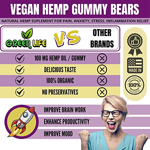 Green Life USA Hemp Gummies – 60Pcs Hemp Gummy Bears – - Stress & Anxiety Relief - Mood Enhancer & Immune Support - Rich in Vitamins A, B1, E & Omega 3-6-9 - Image 4