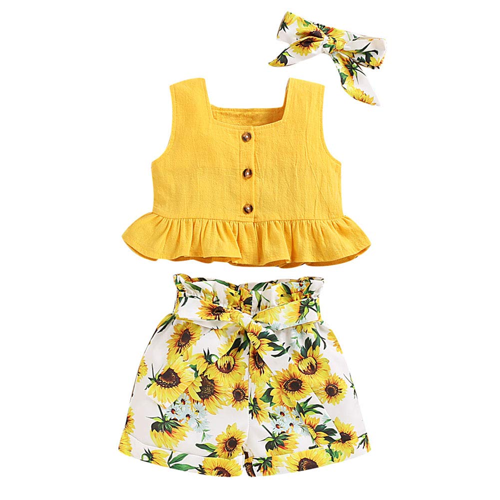 ANUFER3pcs Girl Kids Clothing Set Bright Yellow Sunflower Baby Outfits Vest Tops + Shorts Pants + Headband