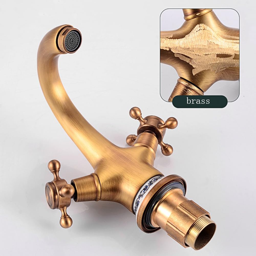 Grifo Baño Lavabo Vintage Grifo de Lavabo Bimando Vintage Grifo Lavabo Latón Antiguo Grifo Mezclador Agua Fría y Caliente, Corto