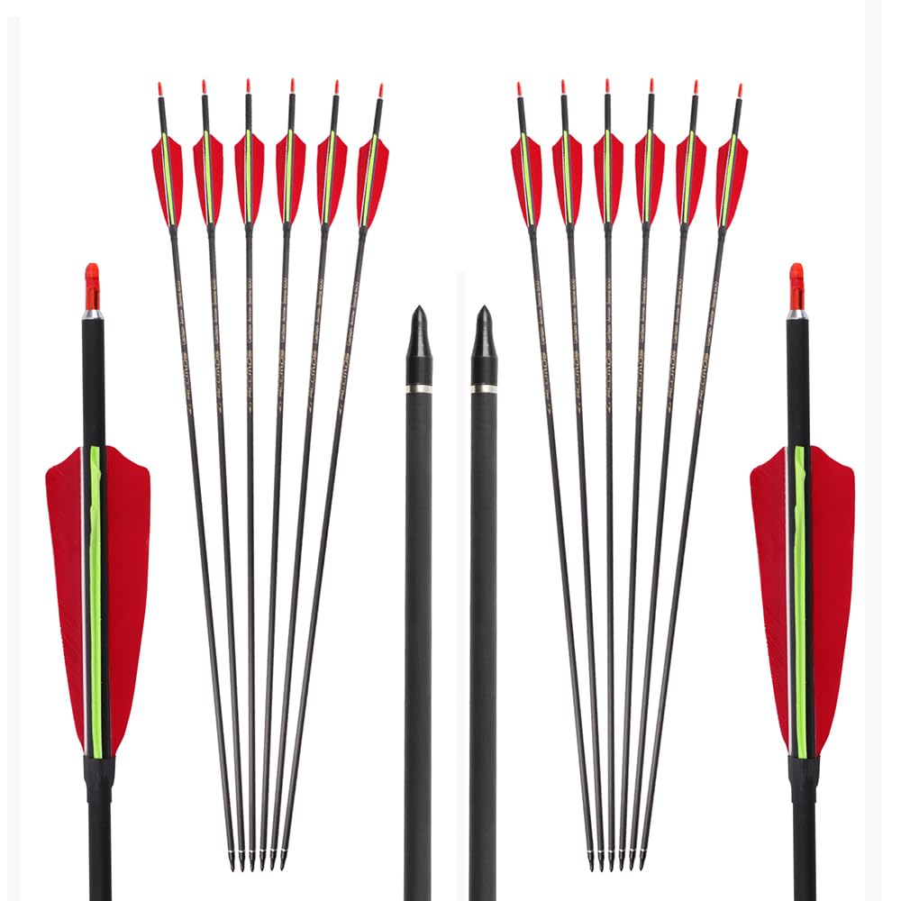 12 Pezzi Frecce da Tiro con L'Arco ID 6,2 mm Etichetta Dorata Freccia da Pratica, Spine 300 350 400 500 600 700 Freccia da Caccia 4 Pollici Rosso Verde Piume di Tacchino