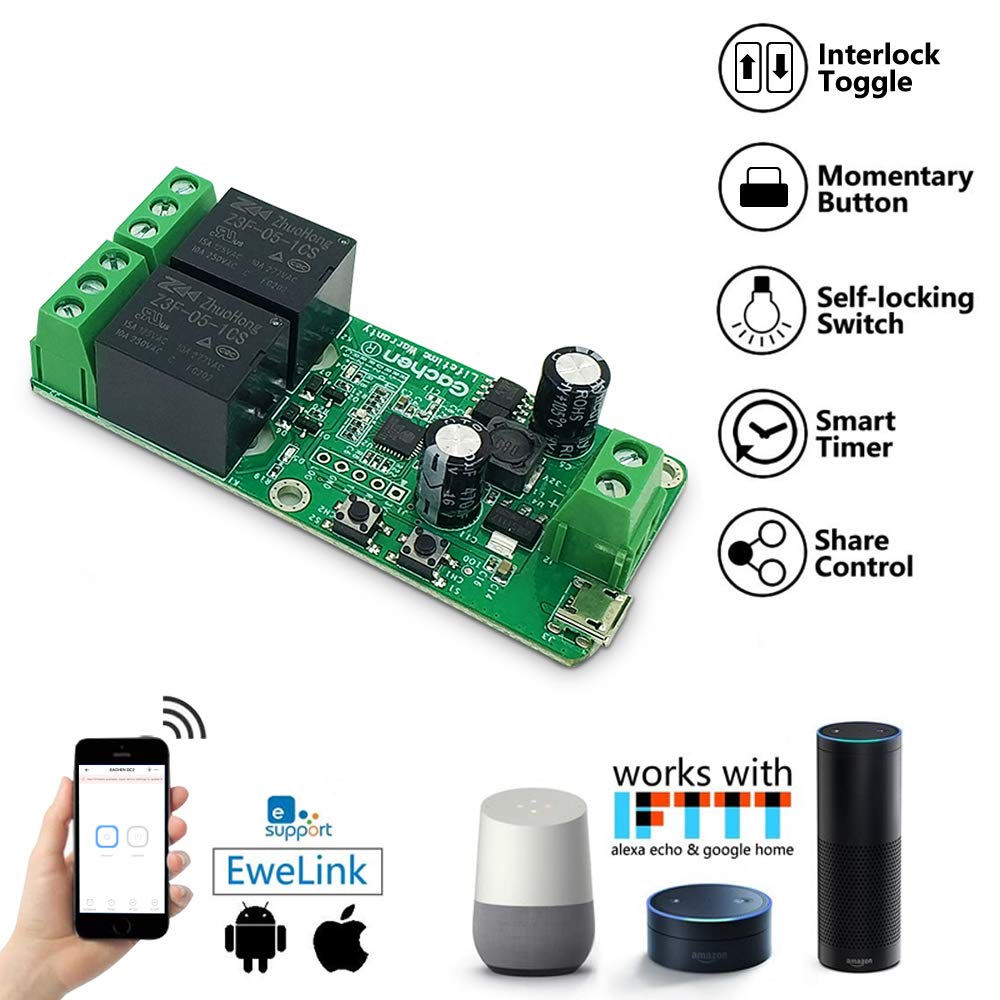 eWelink APP Modulo Interruttore Relè Wifi a 2 Canale Autobloccante Pulsante a Impulsi Momentaneo DC 5-32V, Pulsante Contatto Pulito Wifi da Applicare Al Porta del Garage, per Tapparella Alexa 2 Pezzi