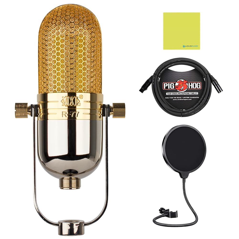 MXL R77 Professional Ribbon Microphone Bundle with Pop Filter, 10ft Pig Hog Mic Cable & Polishing Cloth – Warm Vintage Sound, Figure-8 Pattern, Traditional Yoke Mount for Studio & Broadcast