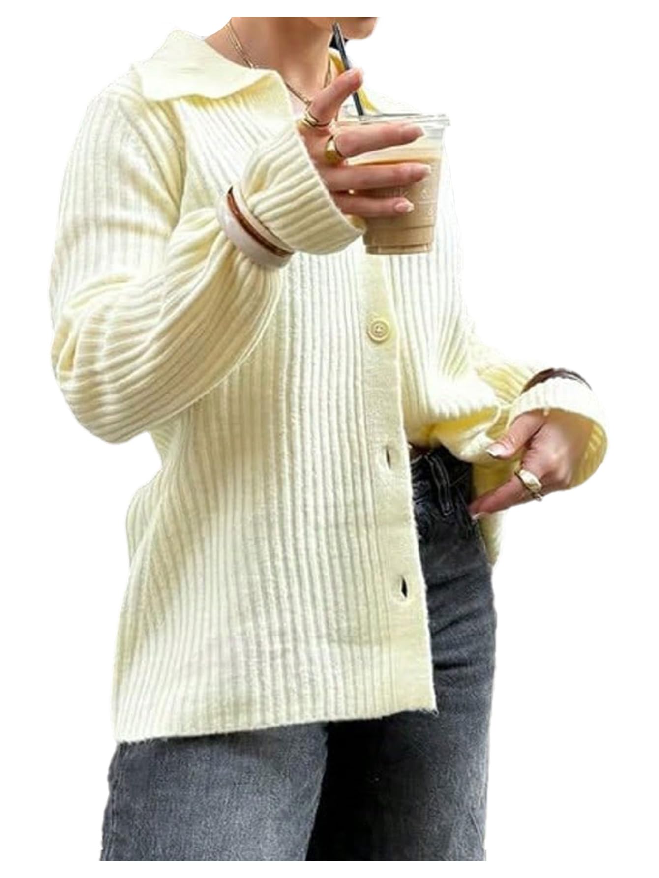 Milumia Womens Button Up Cardigan Sweater Lapel Collar Long Sleeve Ribbed Knit Fall Tops Outerwear