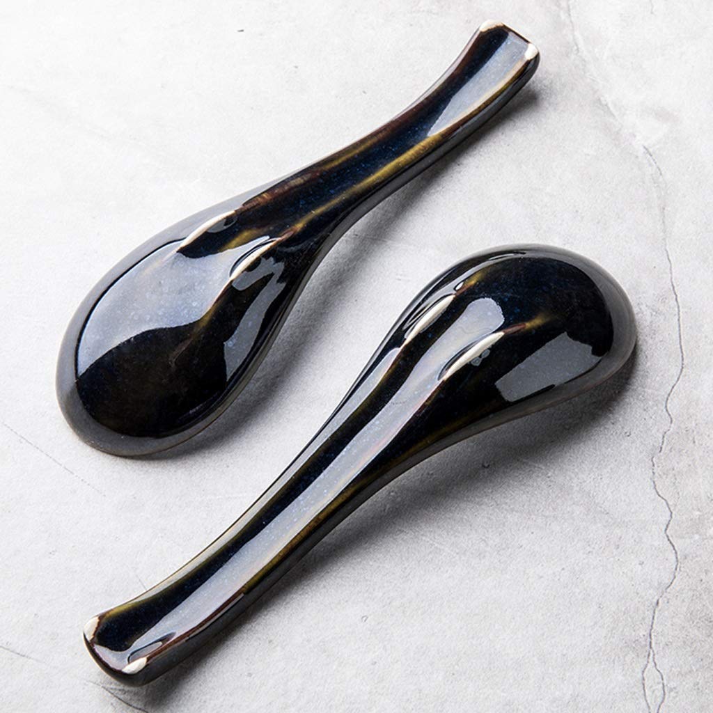 Cuillères à Soupe en céramique Asiatique Bleue et Marron foncé, cuillères à thé, 5,5 Pouces de Long, Lot de 4 cuillères de Service
