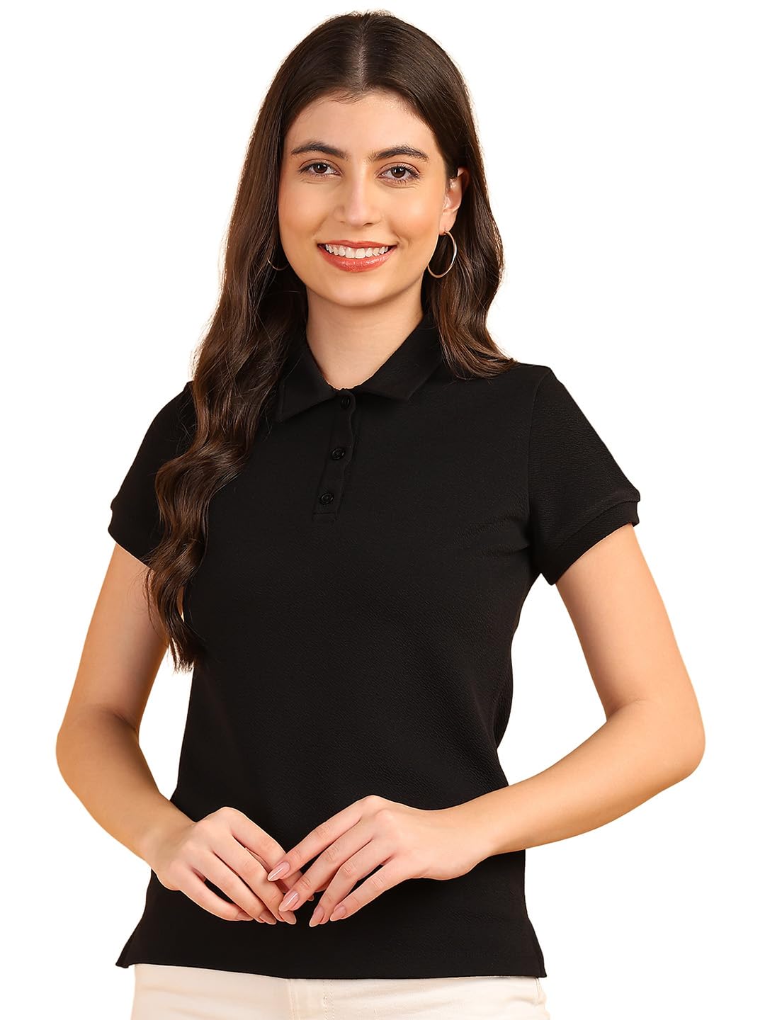 saffe Women's Polo T-Shirt | Womens Polo Collar Neck T-Shirt | Plain Polo Neck Half Sleeve T-Shirt | Regular Fit Tshirts for Women (Black/White)-picture-51