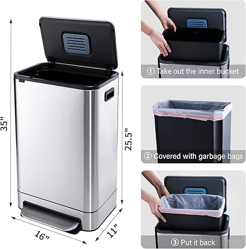 Miniatura 3 de ELPHECO Cubo de basura rectangular de 13 galones  5 litros con cubos interiores de plástico cubo de basura estrecho de acero inoxidable cepillado