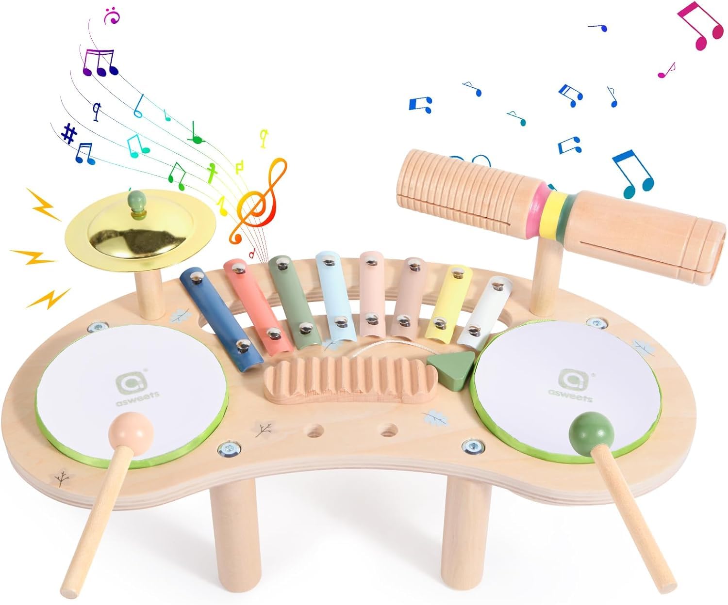 Asweets 7 en 1 Ensemble de Batterie pour Tout-Petits, Bois Instrument de Musique pour Bébés, Jouet Musical Montessori, Cadeau pour Filles et Garçons de 3 Ans Et Plus