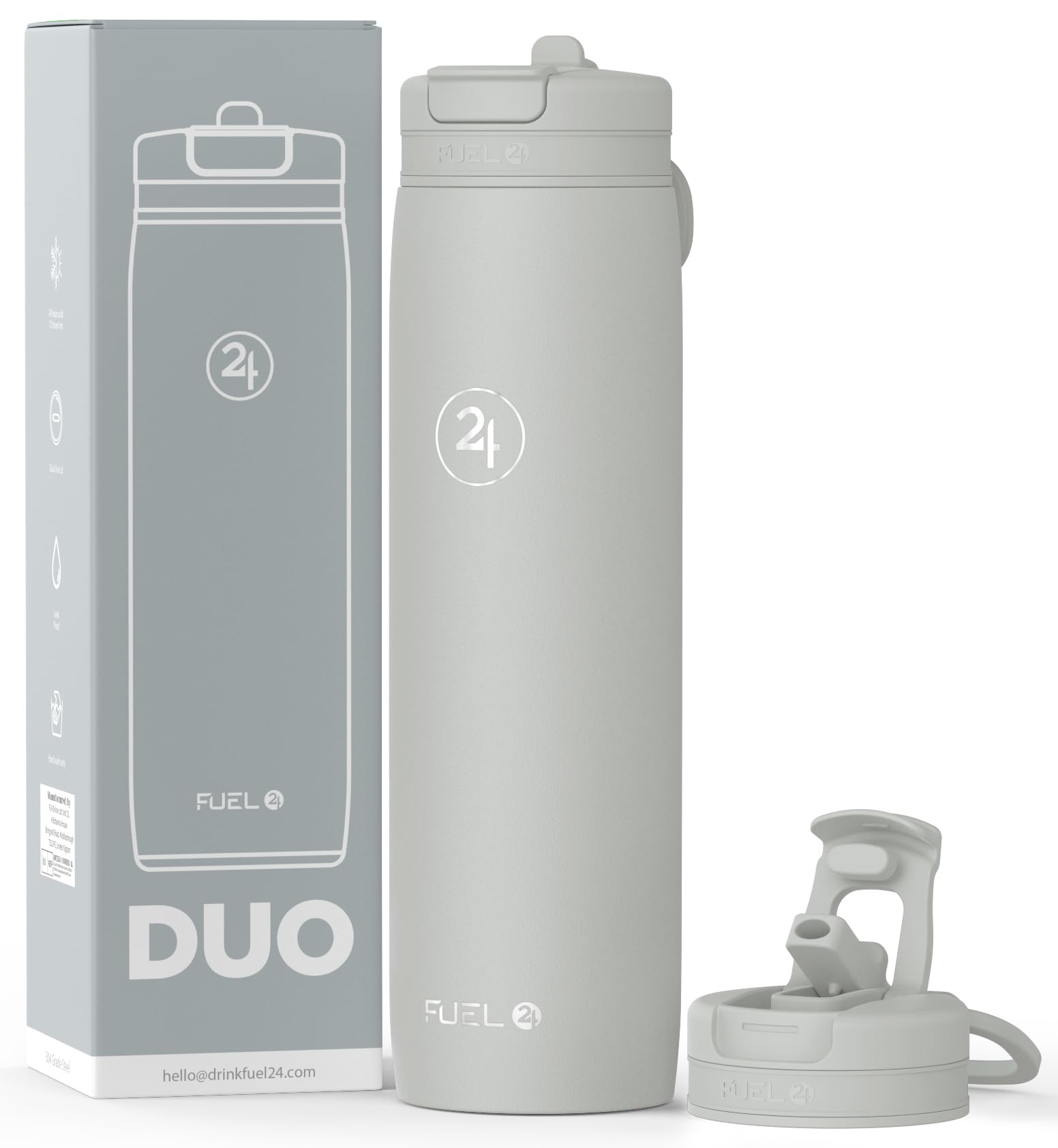 Fuel24 Duo - Stainless Steel Water Bottle 700ml or 1L - Vacuum Insulated Metal Flask with Straw (Dual use Lid) 1 Litre - for Sports, Gym, Work – Slim Design (Granite, 700 ml)