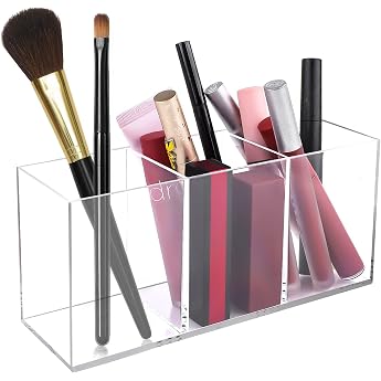 Acrylic Brush Holder 3 Compartments Make Up Organiser Clear Dressing Table Organiser Makeup Organiser for Brushes Eyeliners Lipstick Dressing Table Accessories Storage It Can Be Searched Pen Holder